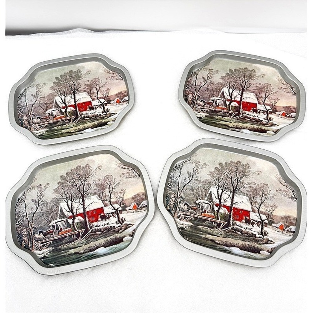 Currier & Ives Metal Snack Trays Winter Barn Scene Scenic 4pc New Design Inc VTG